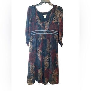 Sundance Sz 8 Silk Maroon Black Boho Sheer Peasant Sleeve Babydoll Paisley Dress